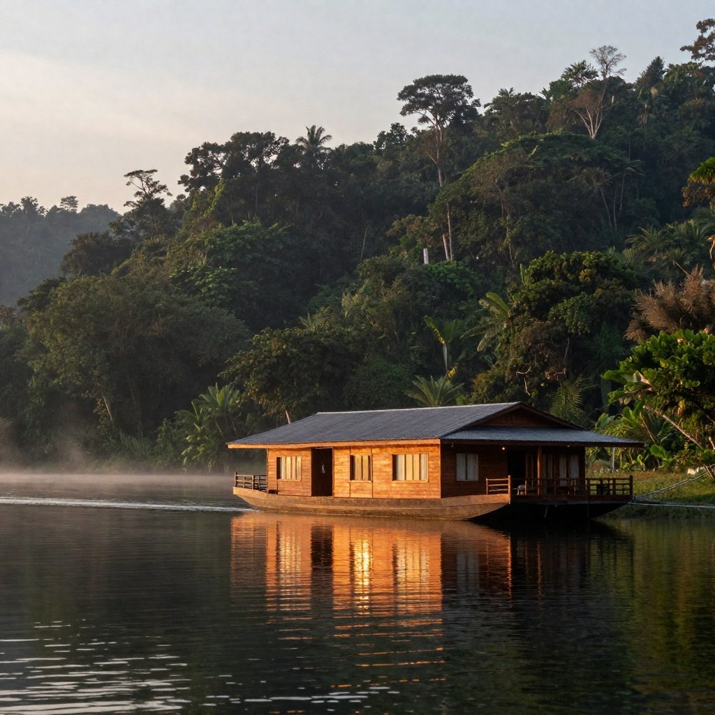 The Temenggor Houseboat on Temenggor Lake surrounded by the Royal Belum rainforest