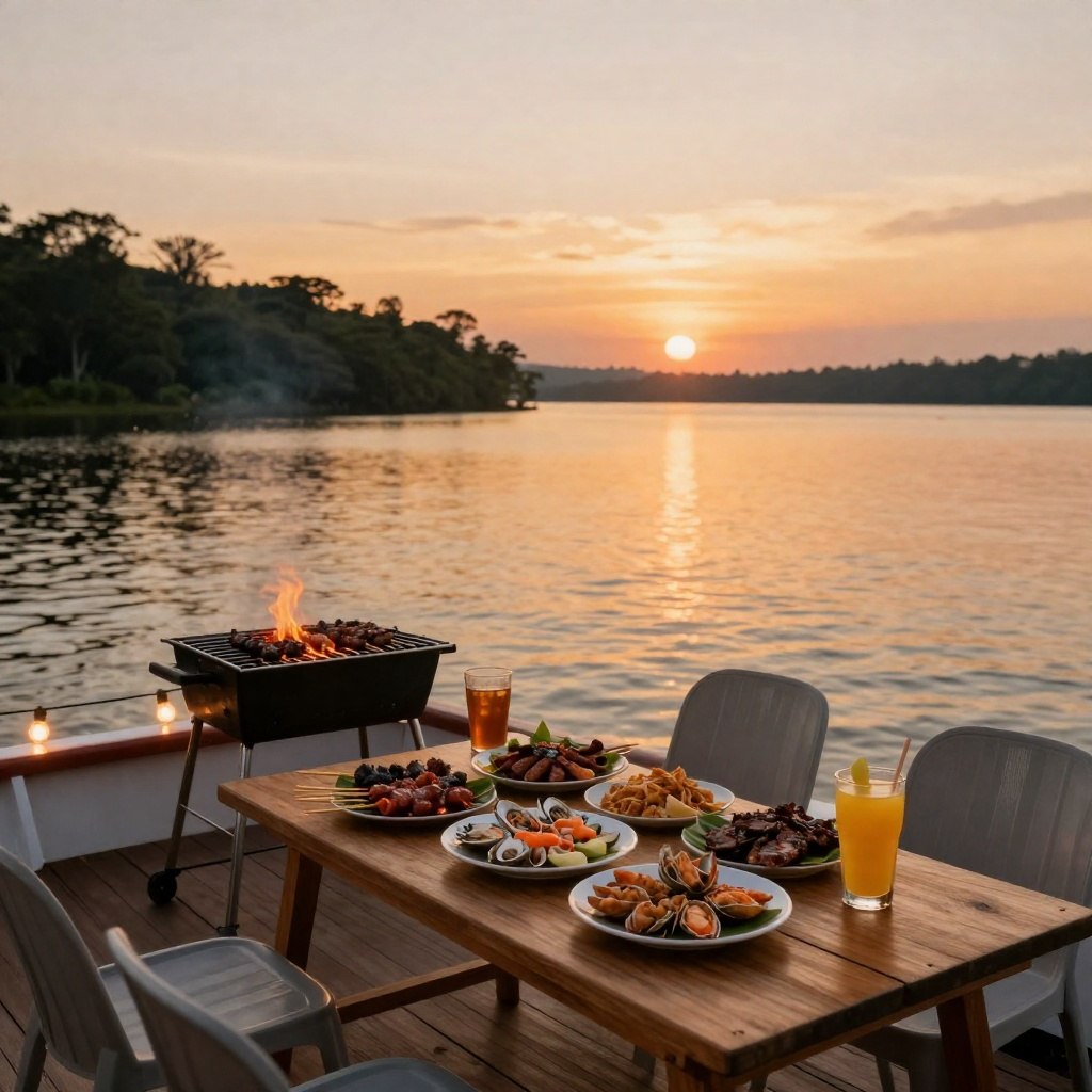 BBQ dinner prepared on the houseboat deck