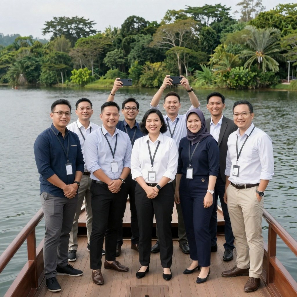 Company team building group on the houseboat